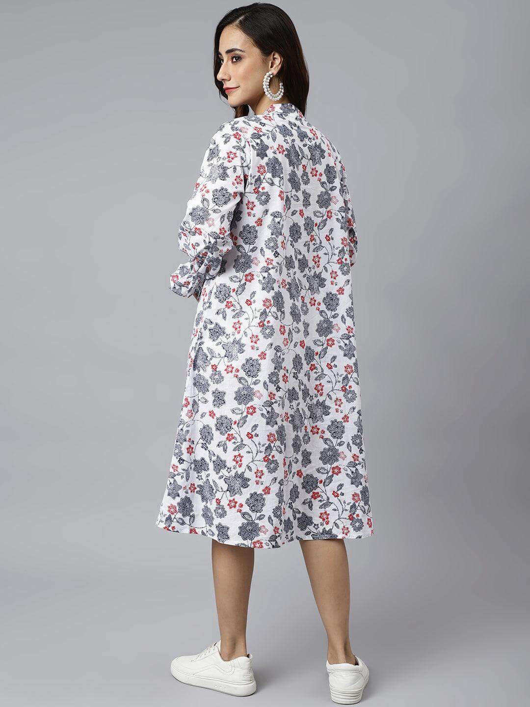 White Cotton Floral Print A-line Western Dress