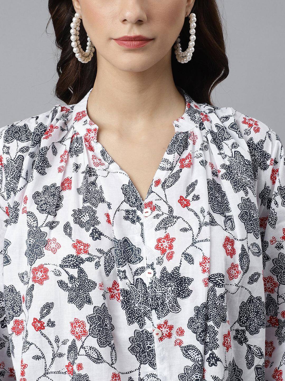 White Cotton Floral Print A-line Western Dress