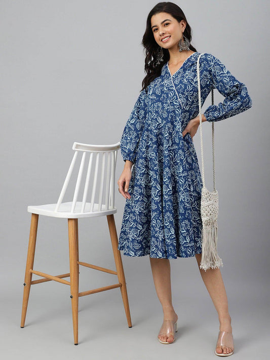 Navy Blue Cotton Floral Print Angrakha Western Dress