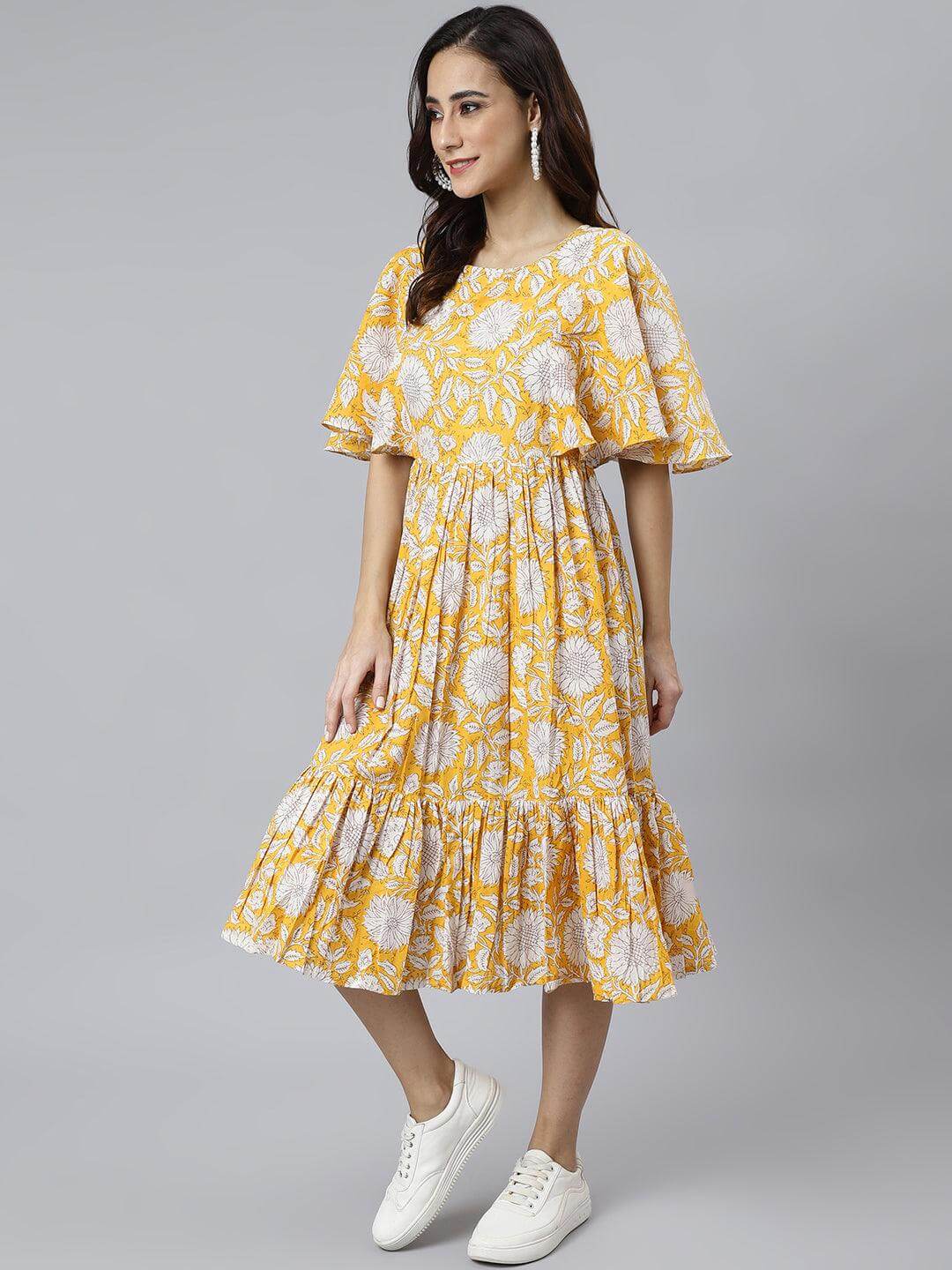 Yellow Cotton Floral Print Flared Western Dress