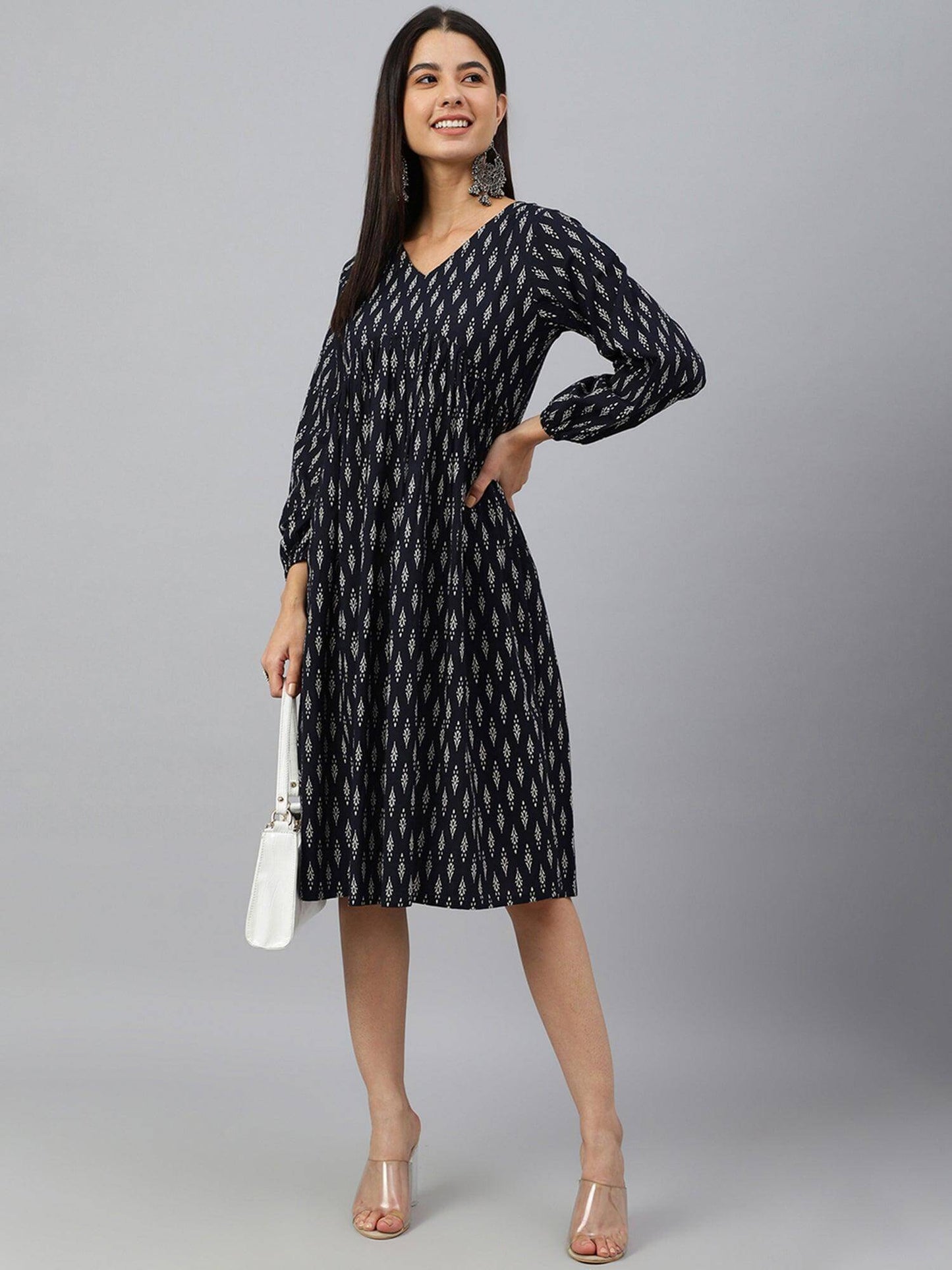 Black Cotton Printed A-line Western Dress