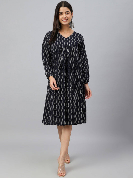 Black Cotton Printed A-line Western Dress