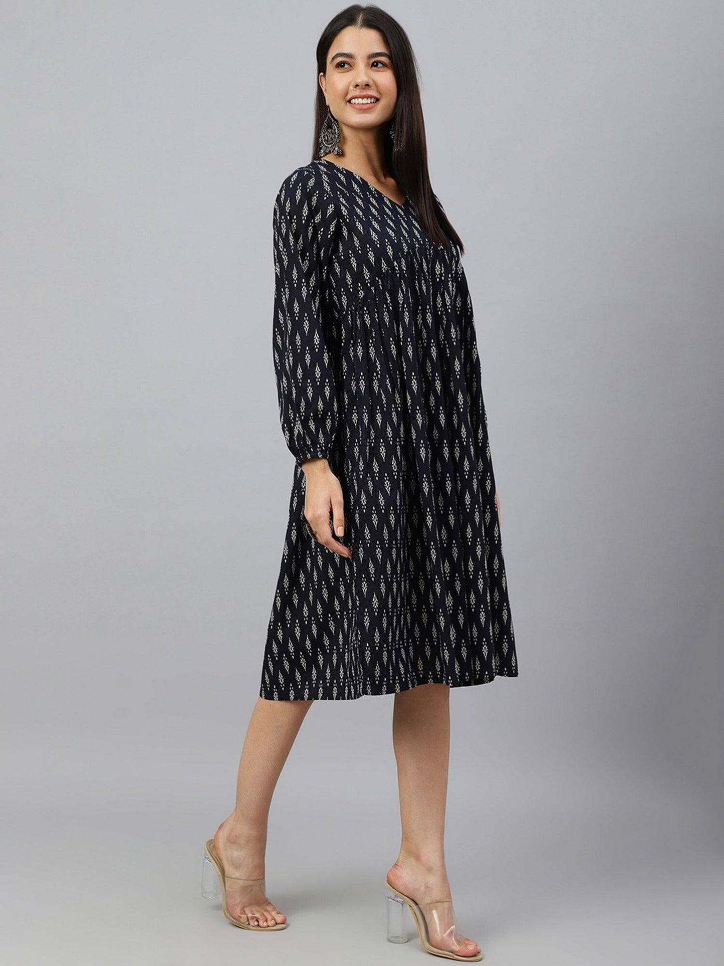 Black Cotton Printed A-line Western Dress