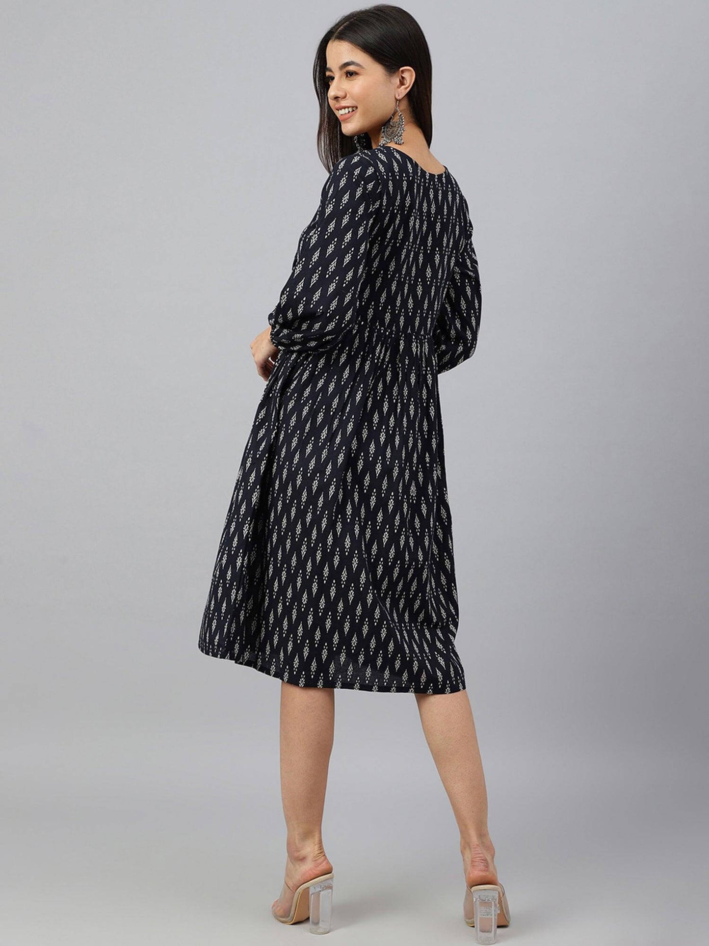 Black Cotton Printed A-line Western Dress