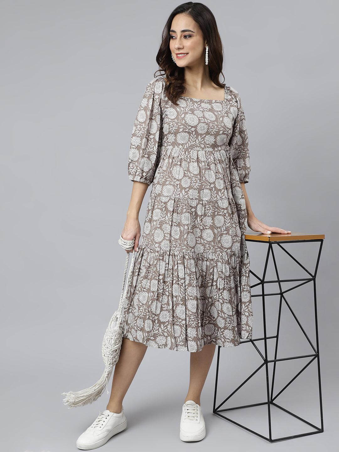 Grey Cotton Floral Print Flared Western Dress