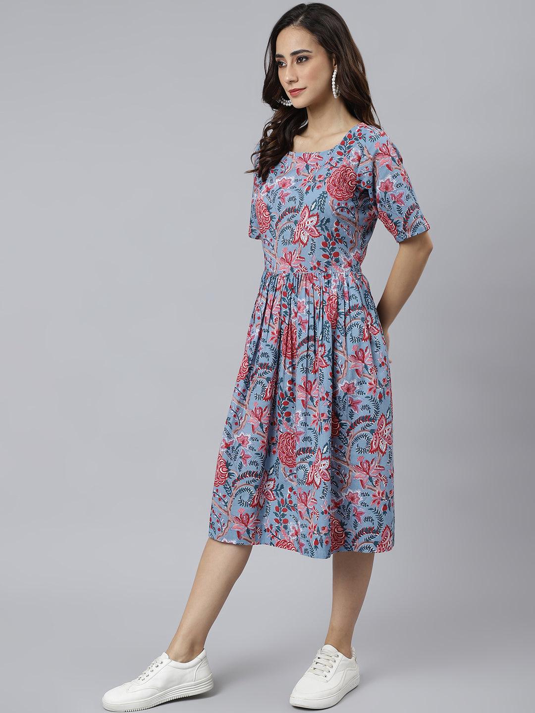 Blue Cotton Floral Print Flared Western Dress