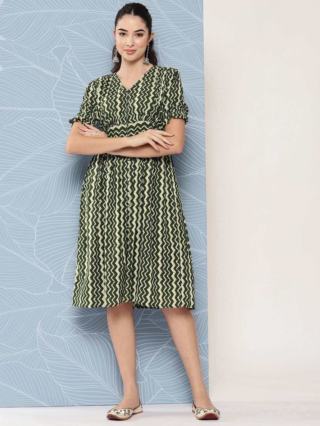 Olive Cotton Chevron print Flared Western Dress