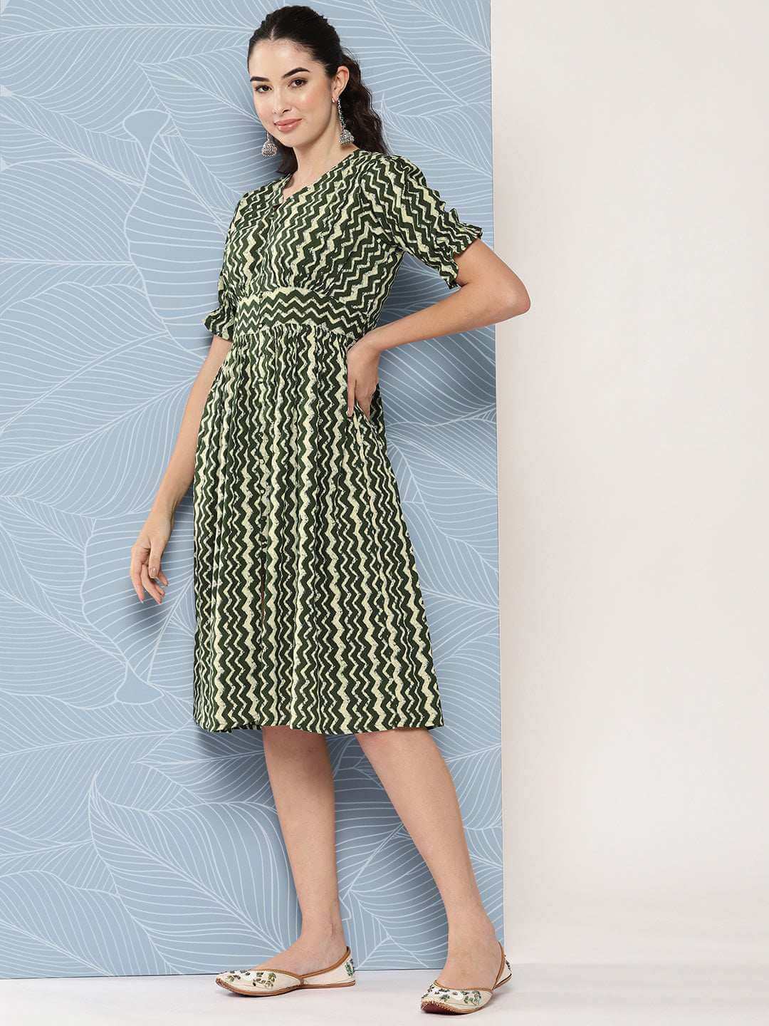 Olive Cotton Chevron print Flared Western Dress