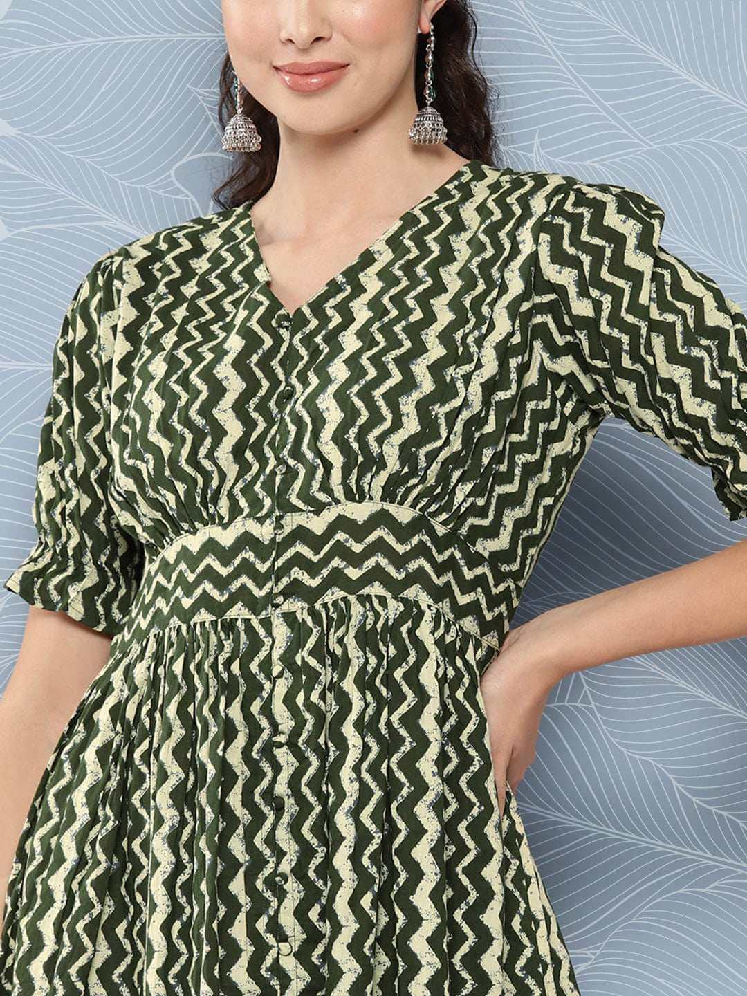 Olive Cotton Chevron print Flared Western Dress