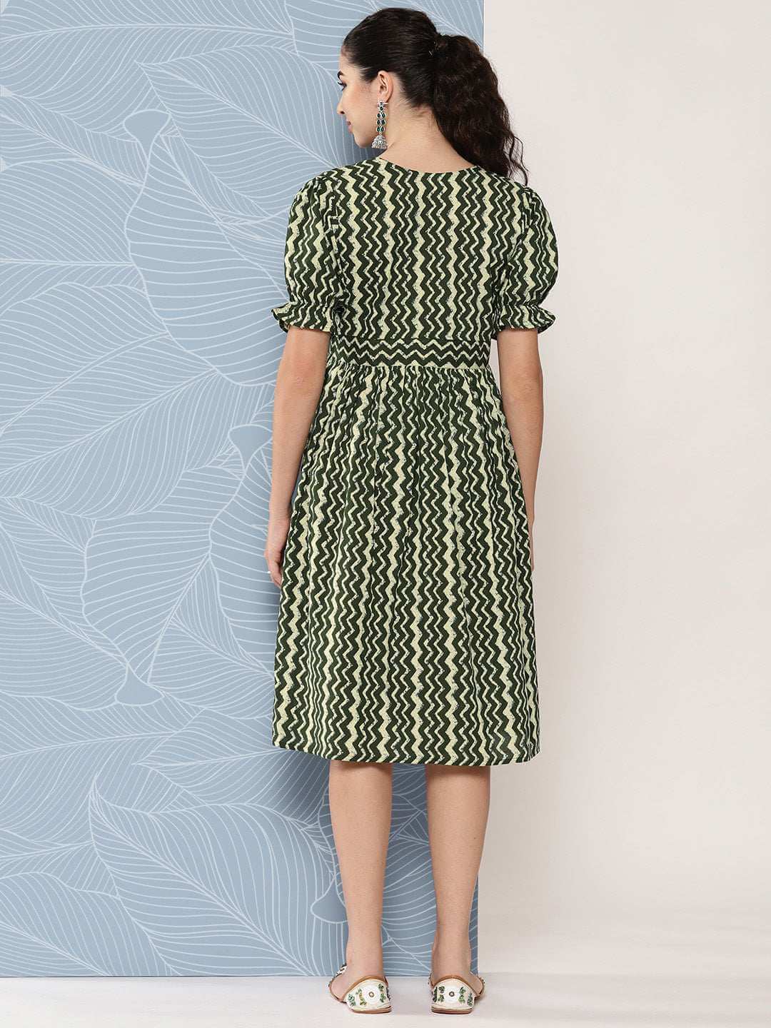 Olive Cotton Chevron print Flared Western Dress