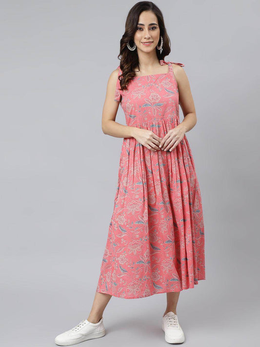 Pink Cotton Floral Print Flared Western Dress