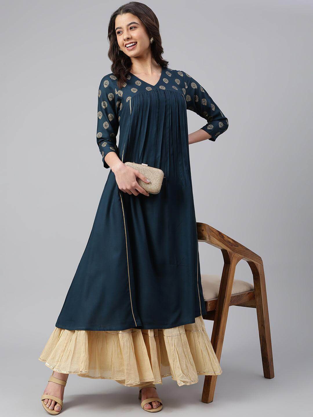 Teal Rayon Solid A-line Kurta