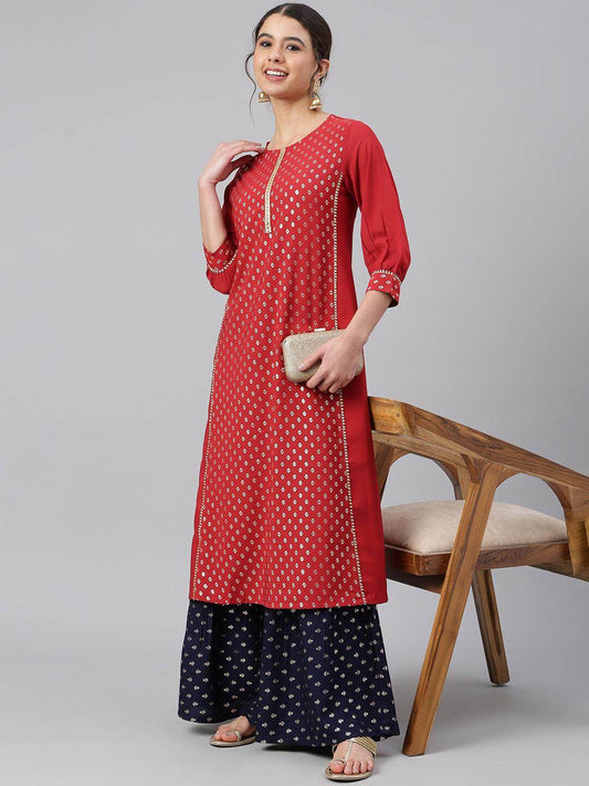 Maroon Crepe Foil Print A-line Kurta