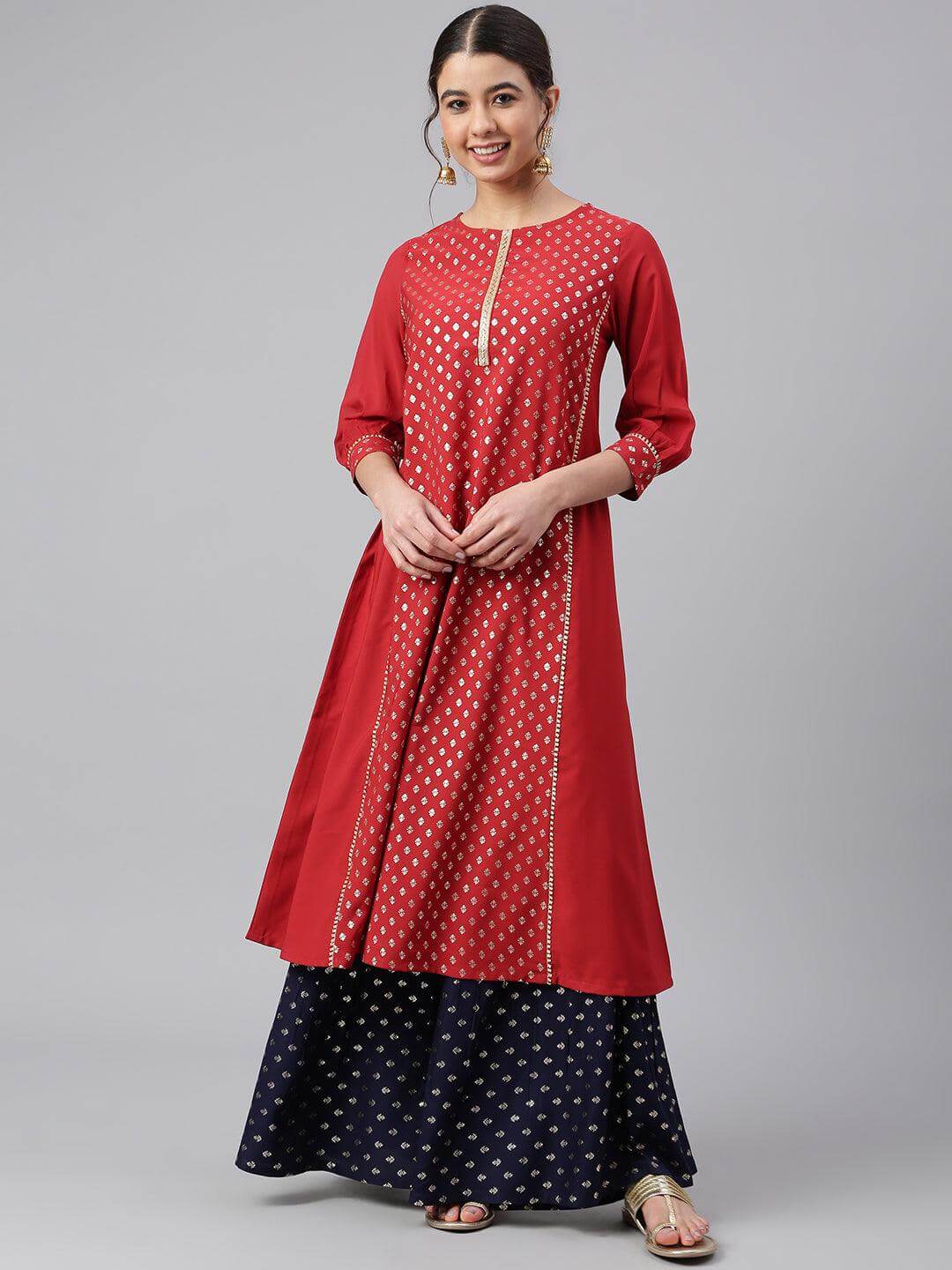 Maroon Crepe Foil Print A-line Kurta