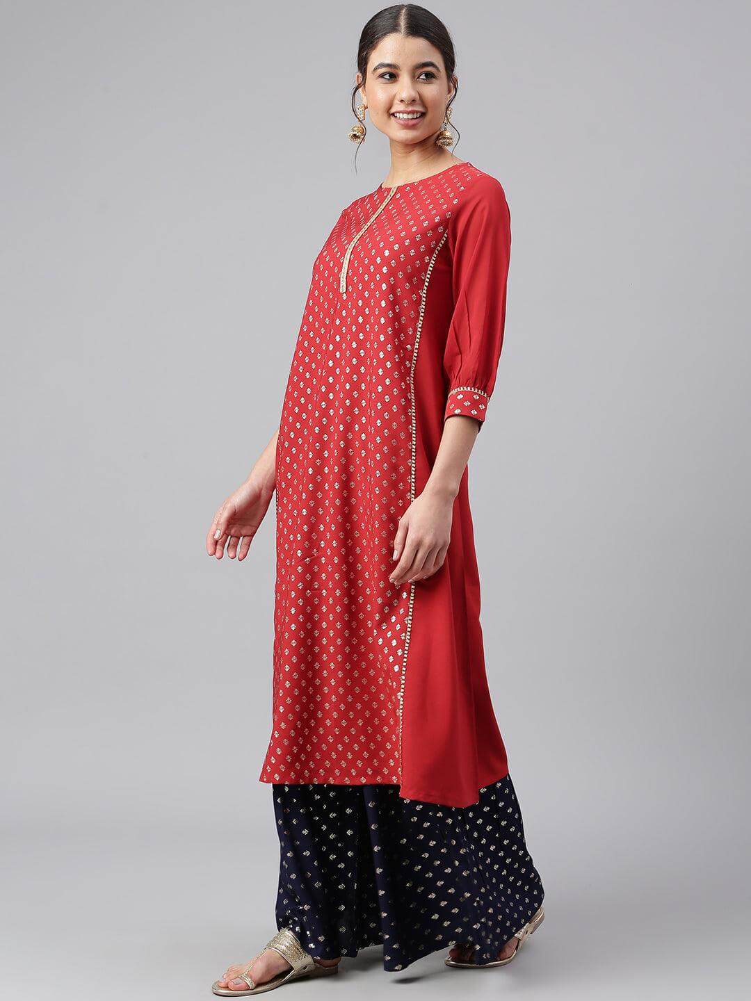 Maroon Crepe Foil Print A-line Kurta