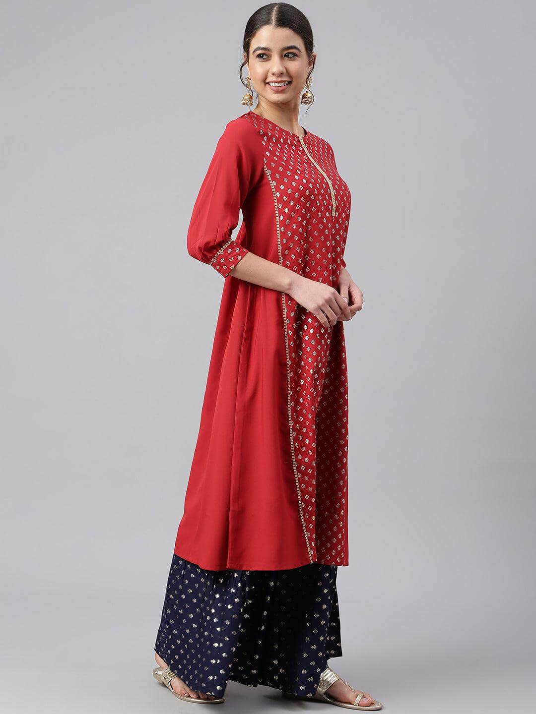 Maroon Crepe Foil Print A-line Kurta