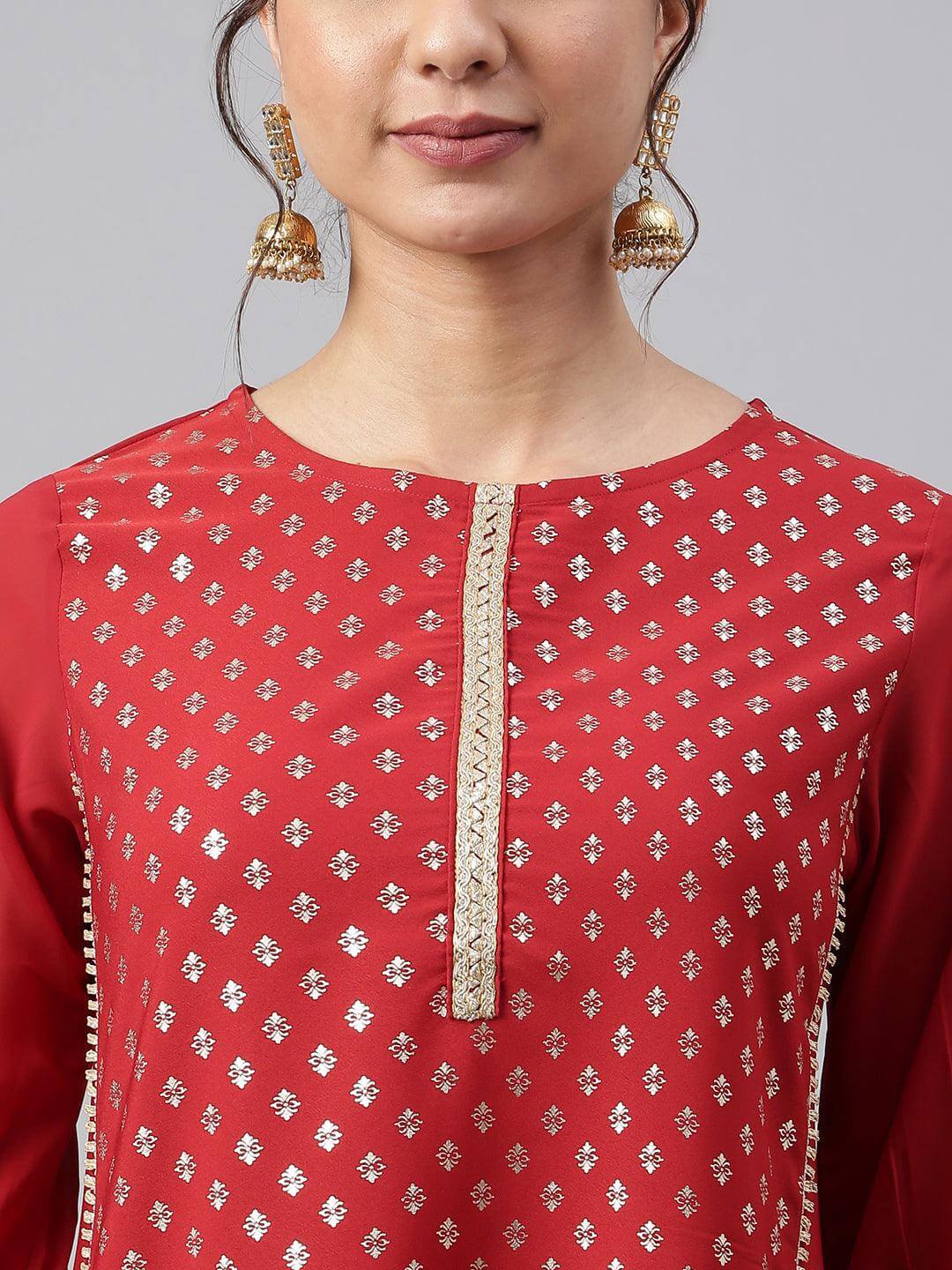 Maroon Crepe Foil Print A-line Kurta