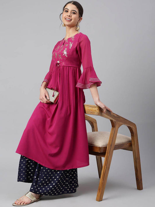 Wine Crepe Solid Flared Kurta