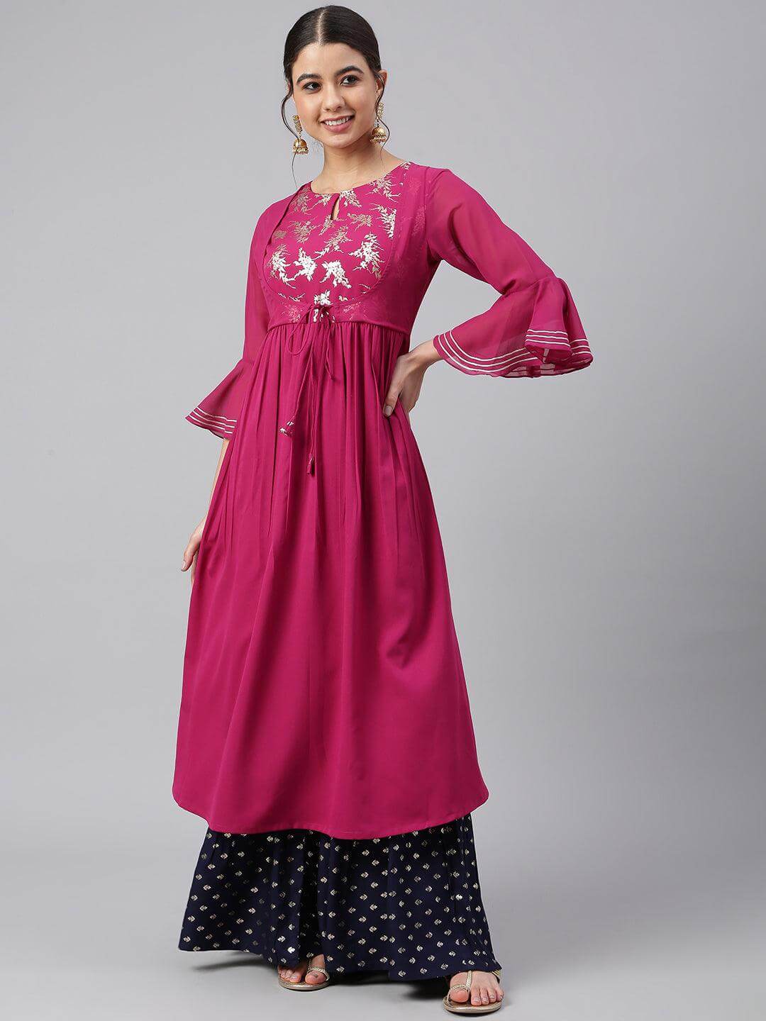 Wine Crepe Solid Flared Kurta