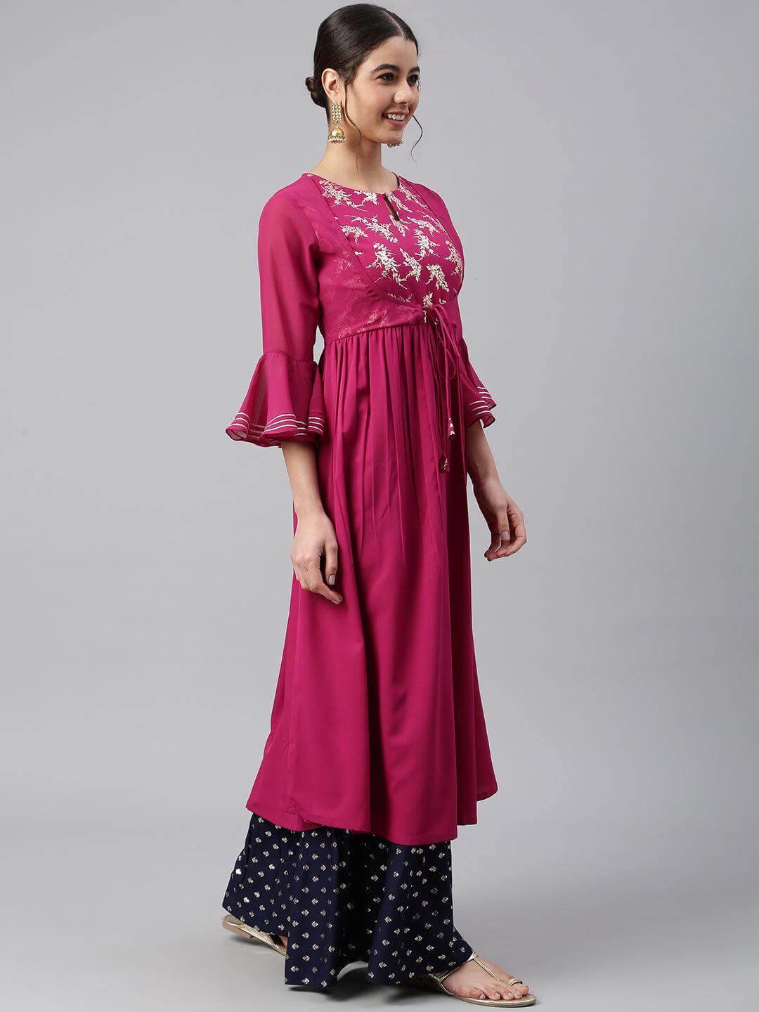 Wine Crepe Solid Flared Kurta