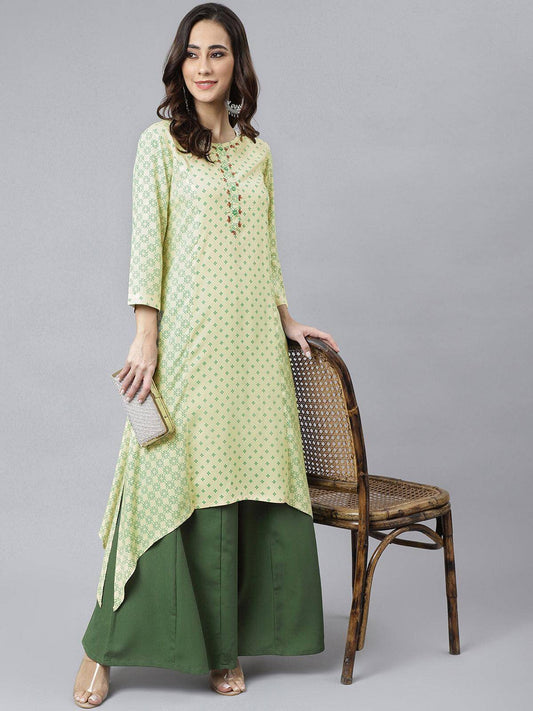 Cream Rayon Ethnic Motifs Asymetric  Kurta