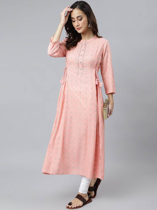 Peach Rayon Ethnic Motifs Flared Kurta