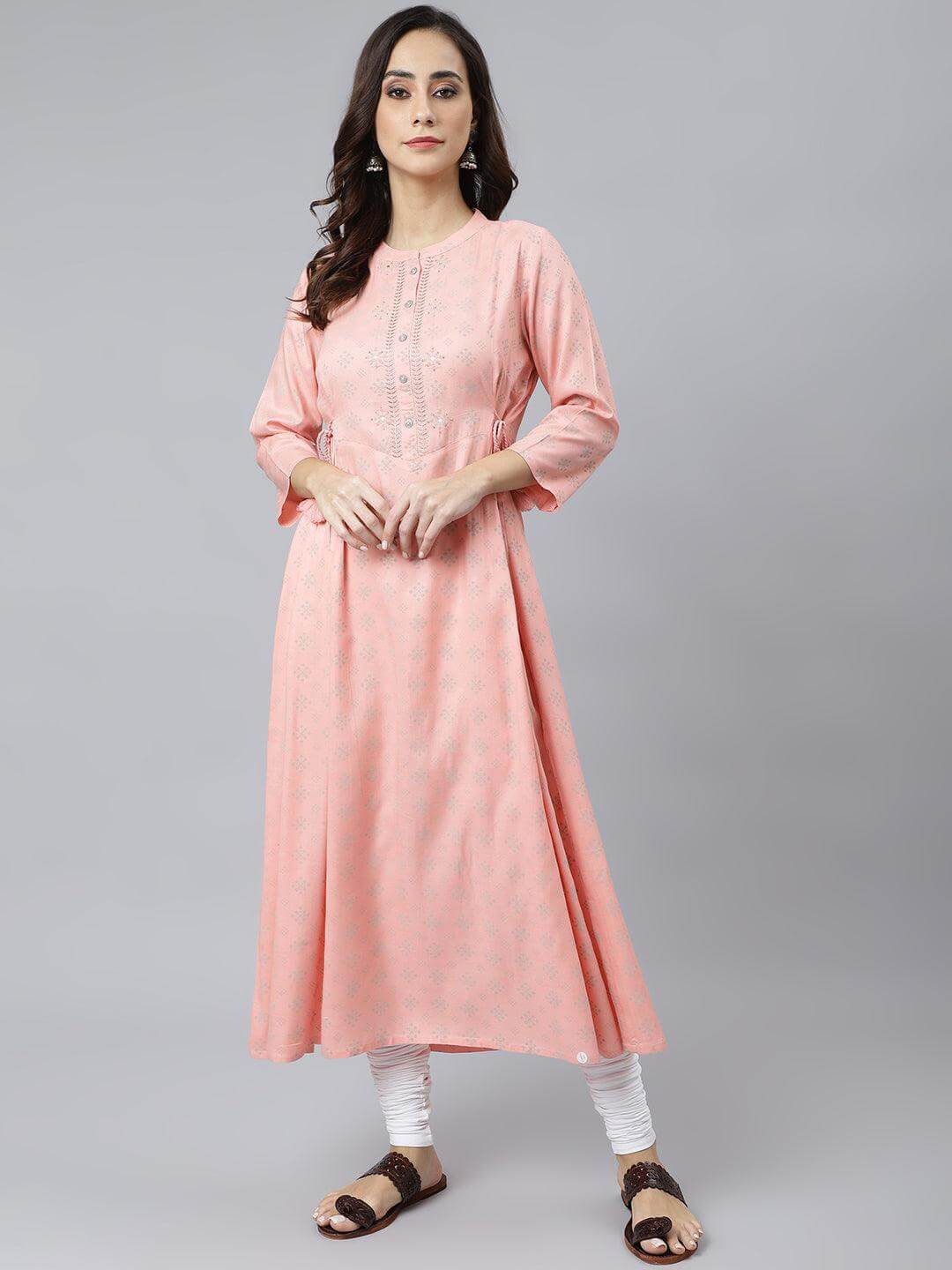 Peach Rayon Ethnic Motifs Flared Kurta