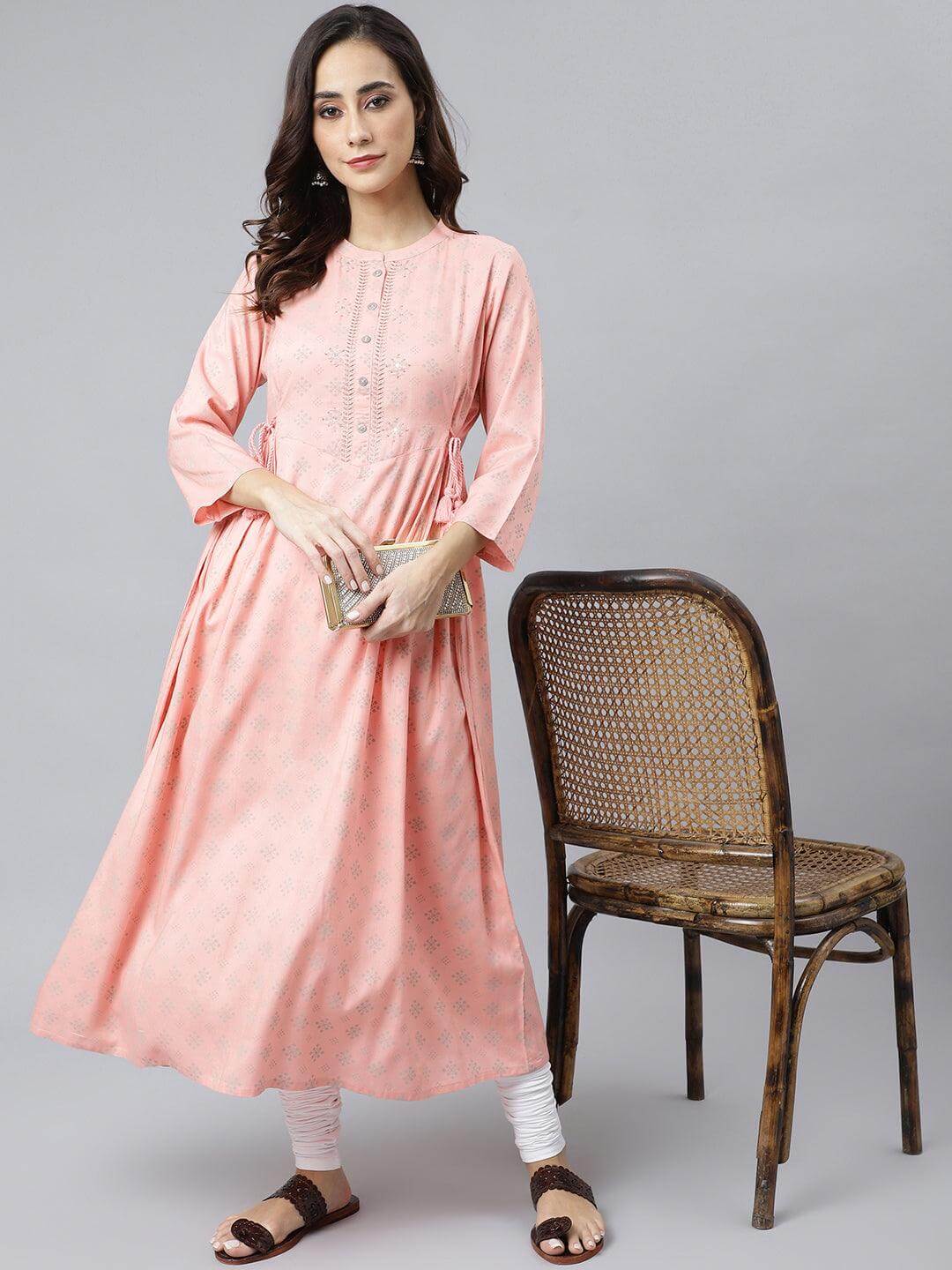 Peach Rayon Ethnic Motifs Flared Kurta