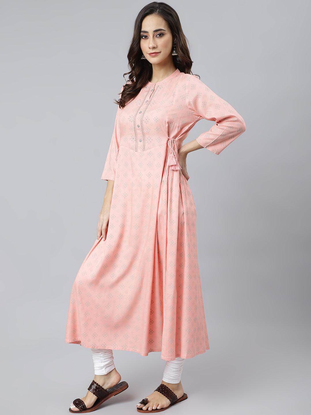 Peach Rayon Ethnic Motifs Flared Kurta