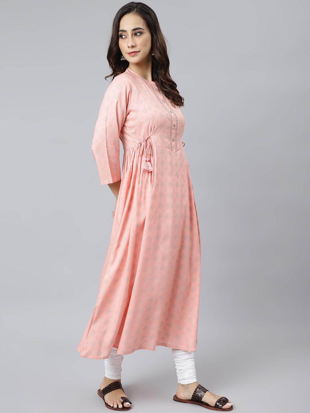 Peach Rayon Ethnic Motifs Flared Kurta