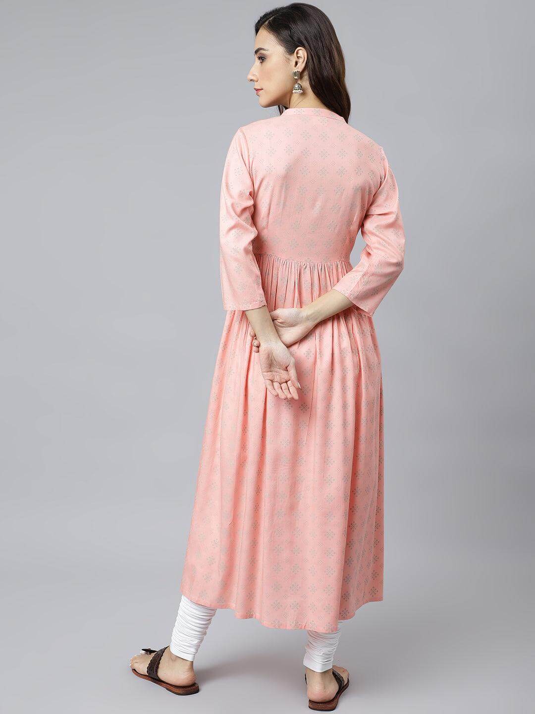 Peach Rayon Ethnic Motifs Flared Kurta