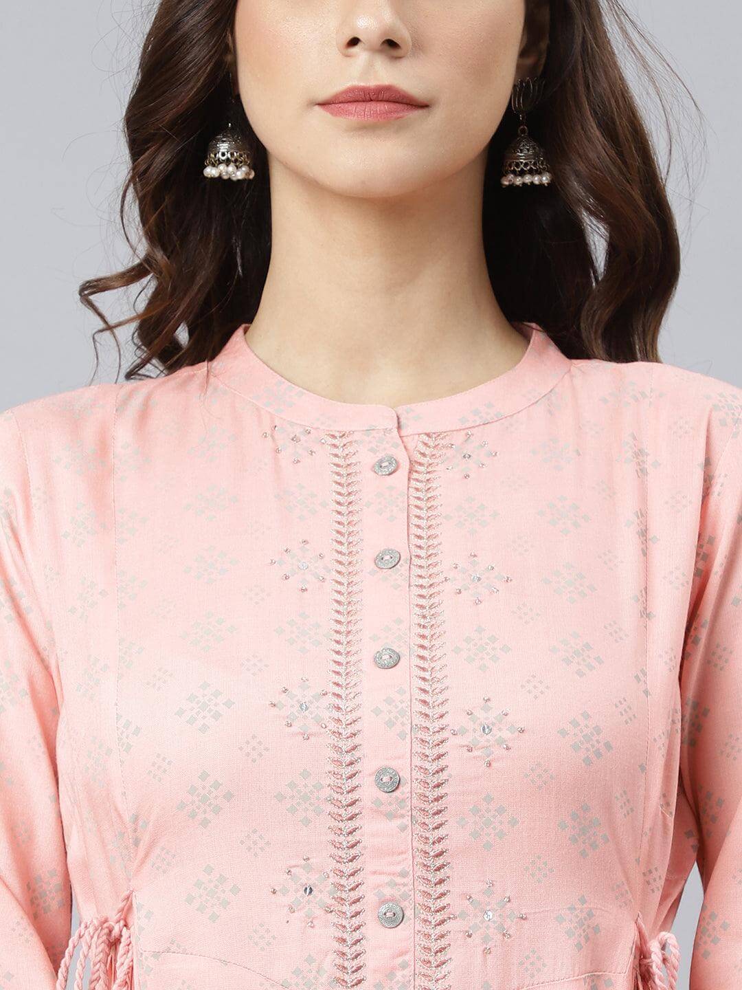 Peach Rayon Ethnic Motifs Flared Kurta