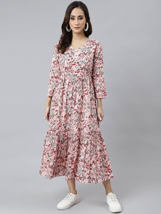 Peach Cotton Floral Block Print Flared Kurta