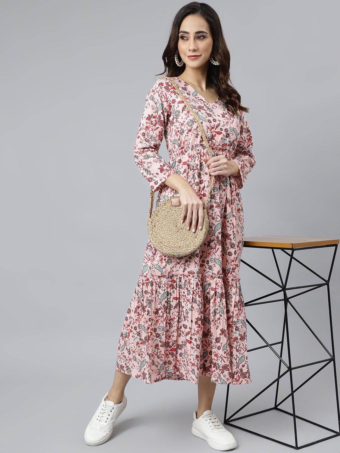 Peach Cotton Floral Block Print Flared Kurta