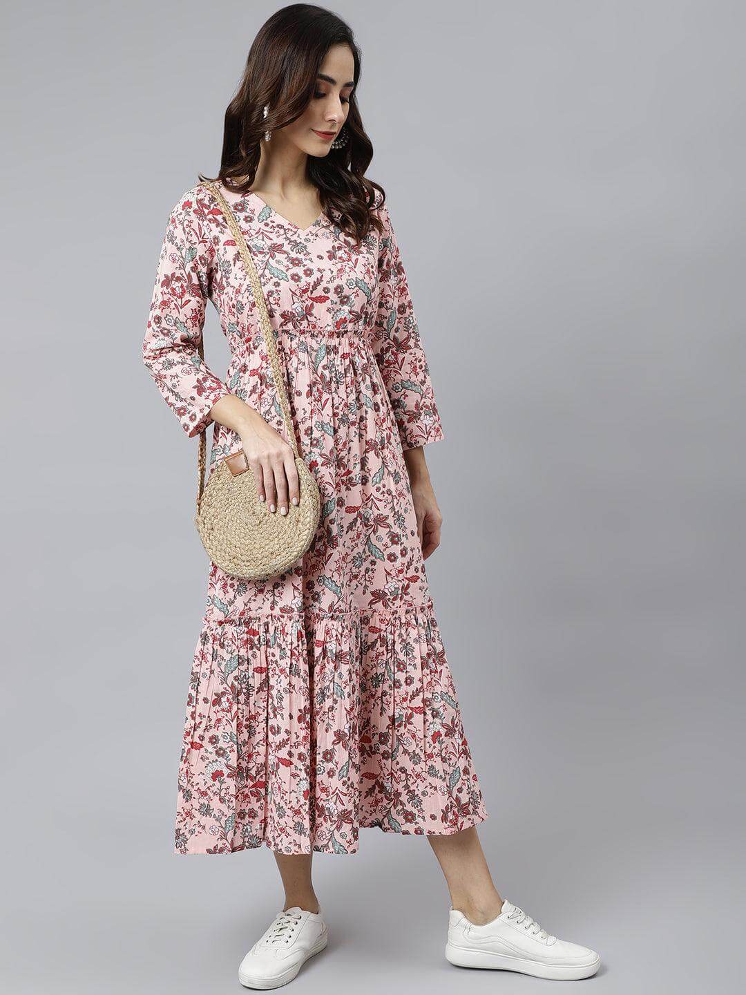 Peach Cotton Floral Block Print Flared Kurta