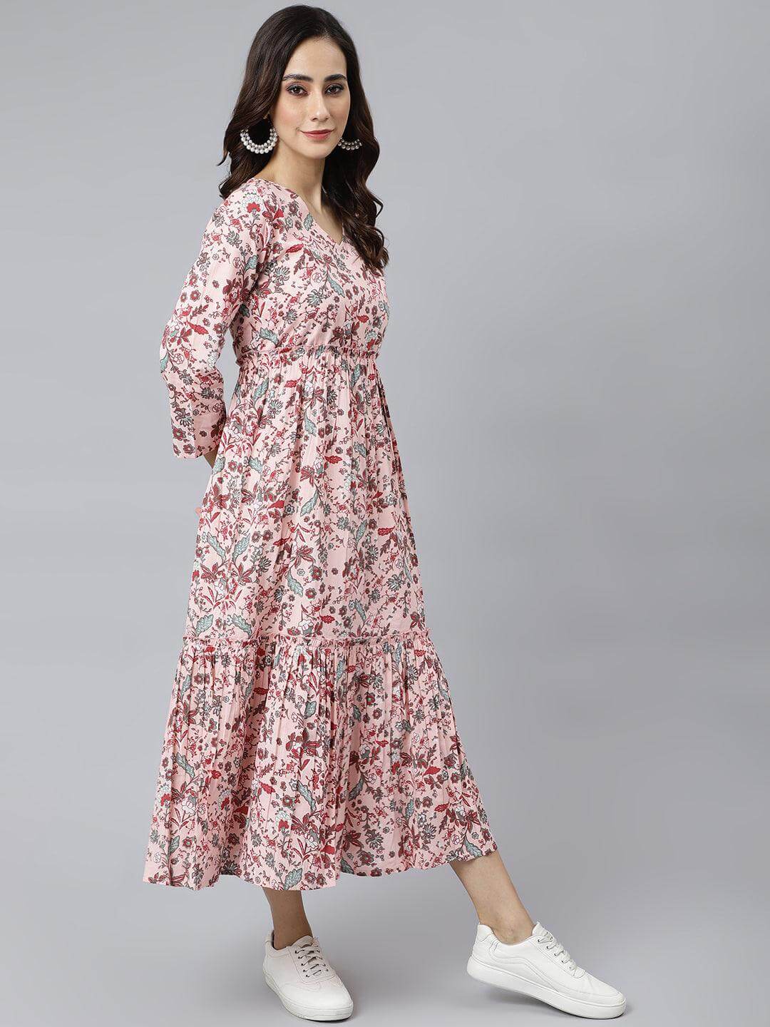 Peach Cotton Floral Block Print Flared Kurta