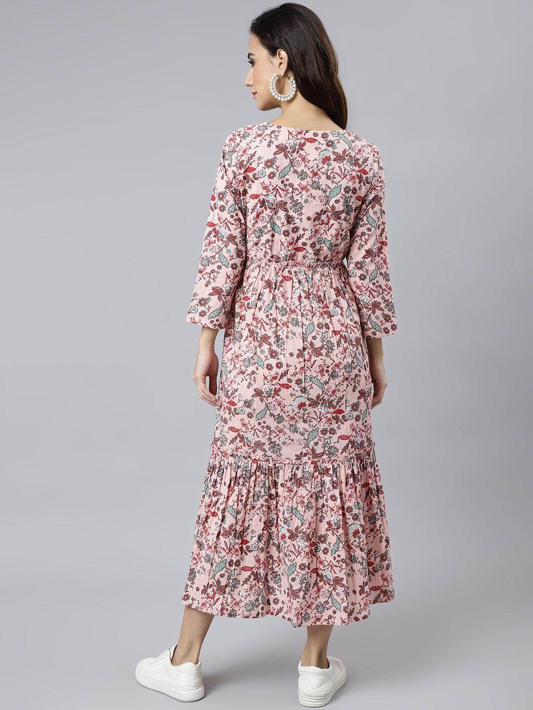 Peach Cotton Floral Block Print Flared Kurta