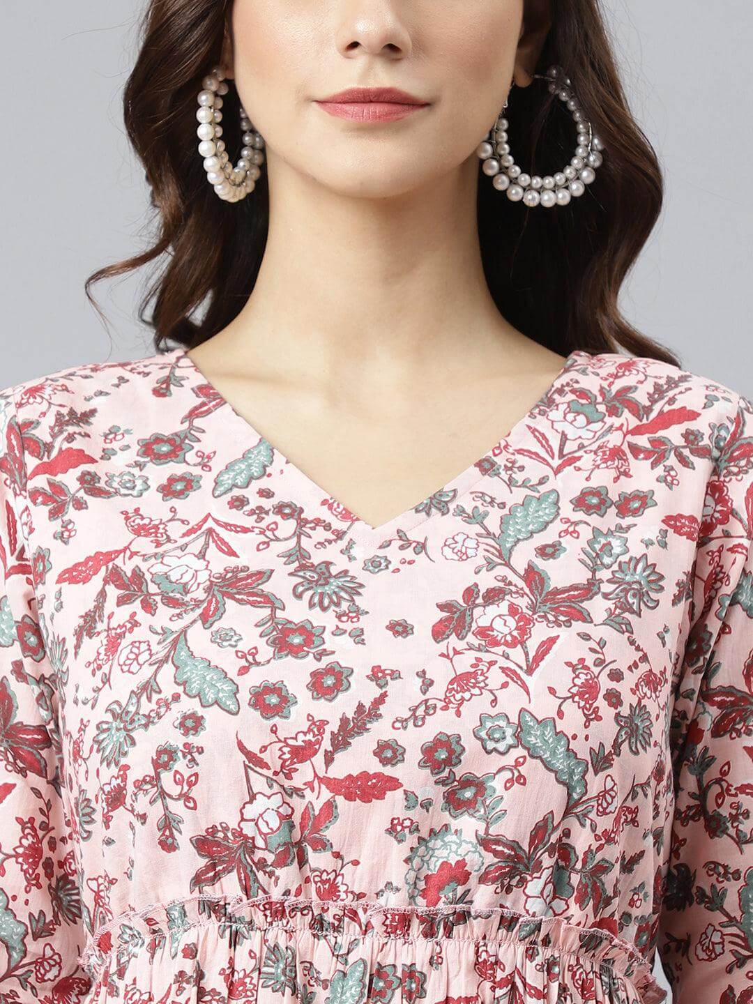 Peach Cotton Floral Block Print Flared Kurta