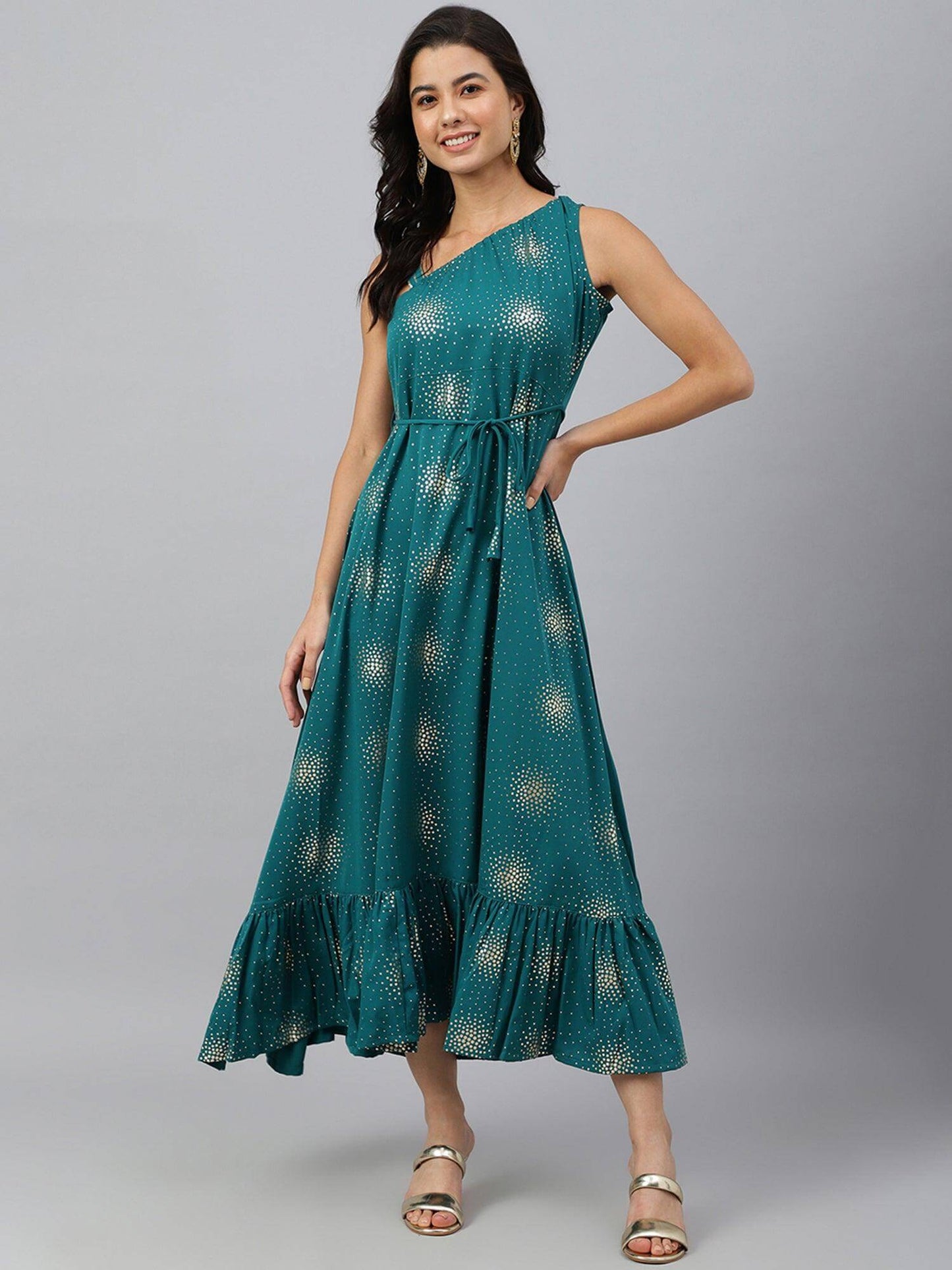 Teal Green Poly Crepe Printed Flared Kurta