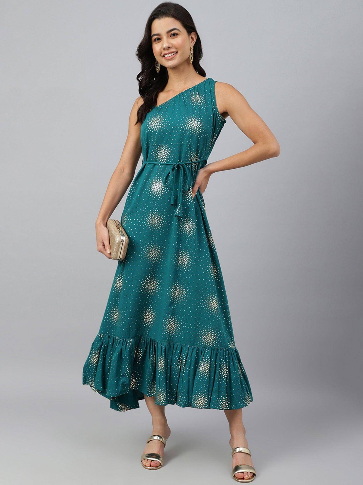 Teal Green Poly Crepe Printed Flared Kurta