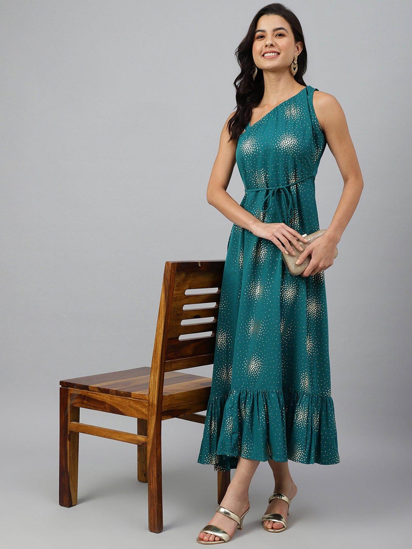 Teal Green Poly Crepe Printed Flared Kurta