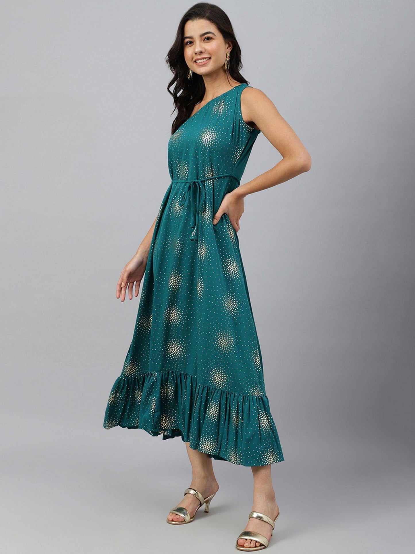 Teal Green Poly Crepe Printed Flared Kurta