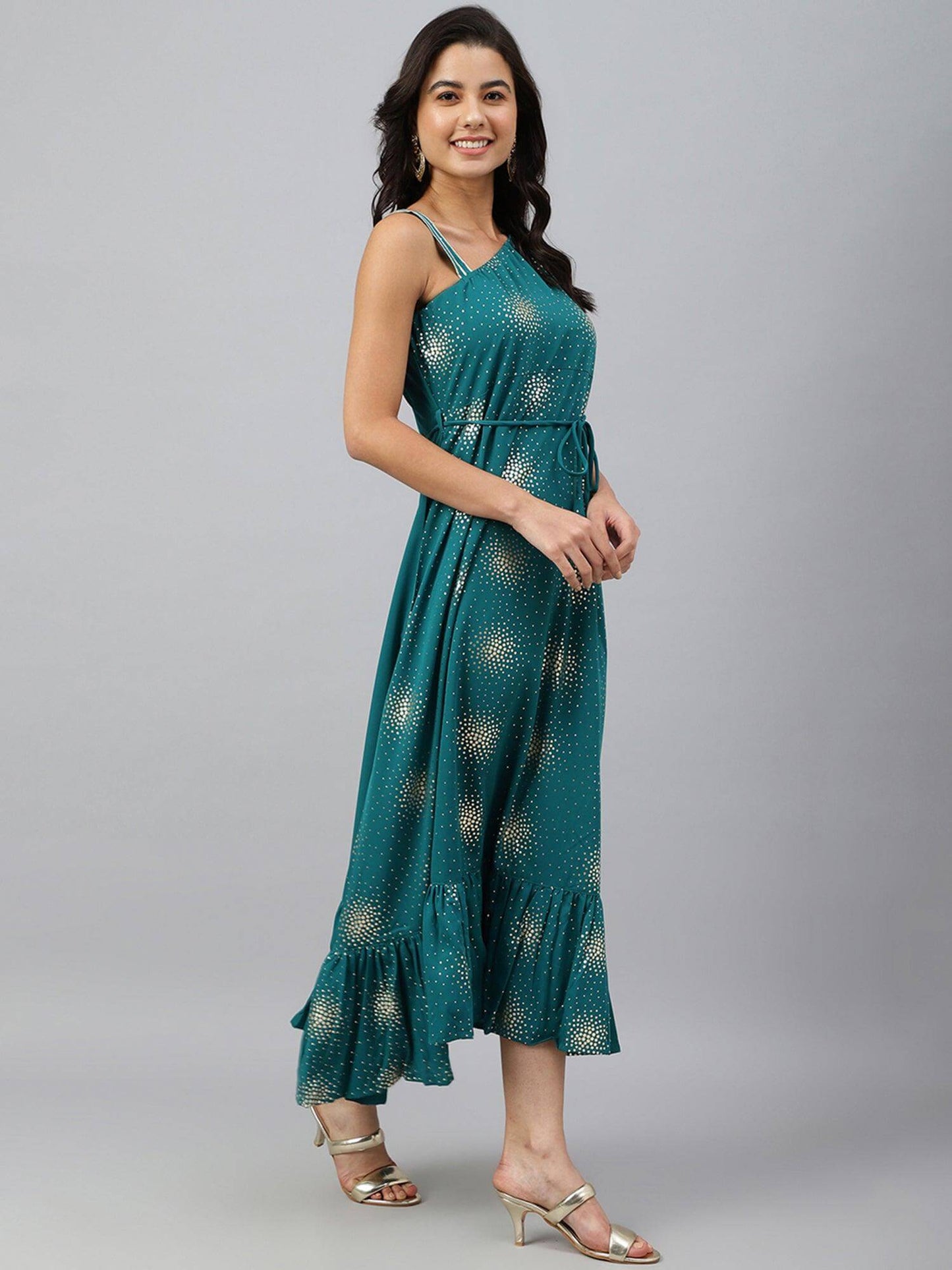 Teal Green Poly Crepe Printed Flared Kurta