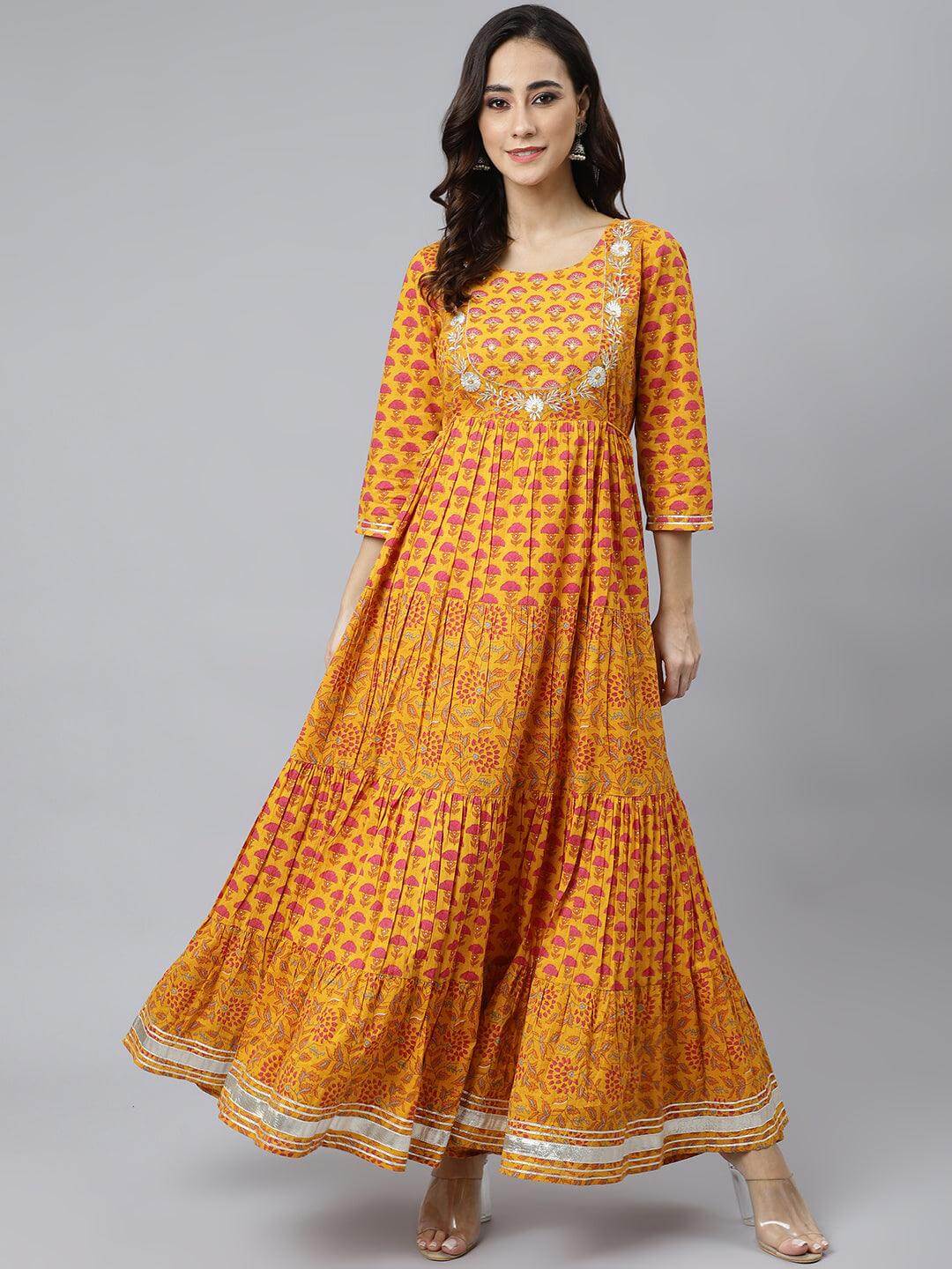 Mustard Cotton Floral Print Flared Kurta