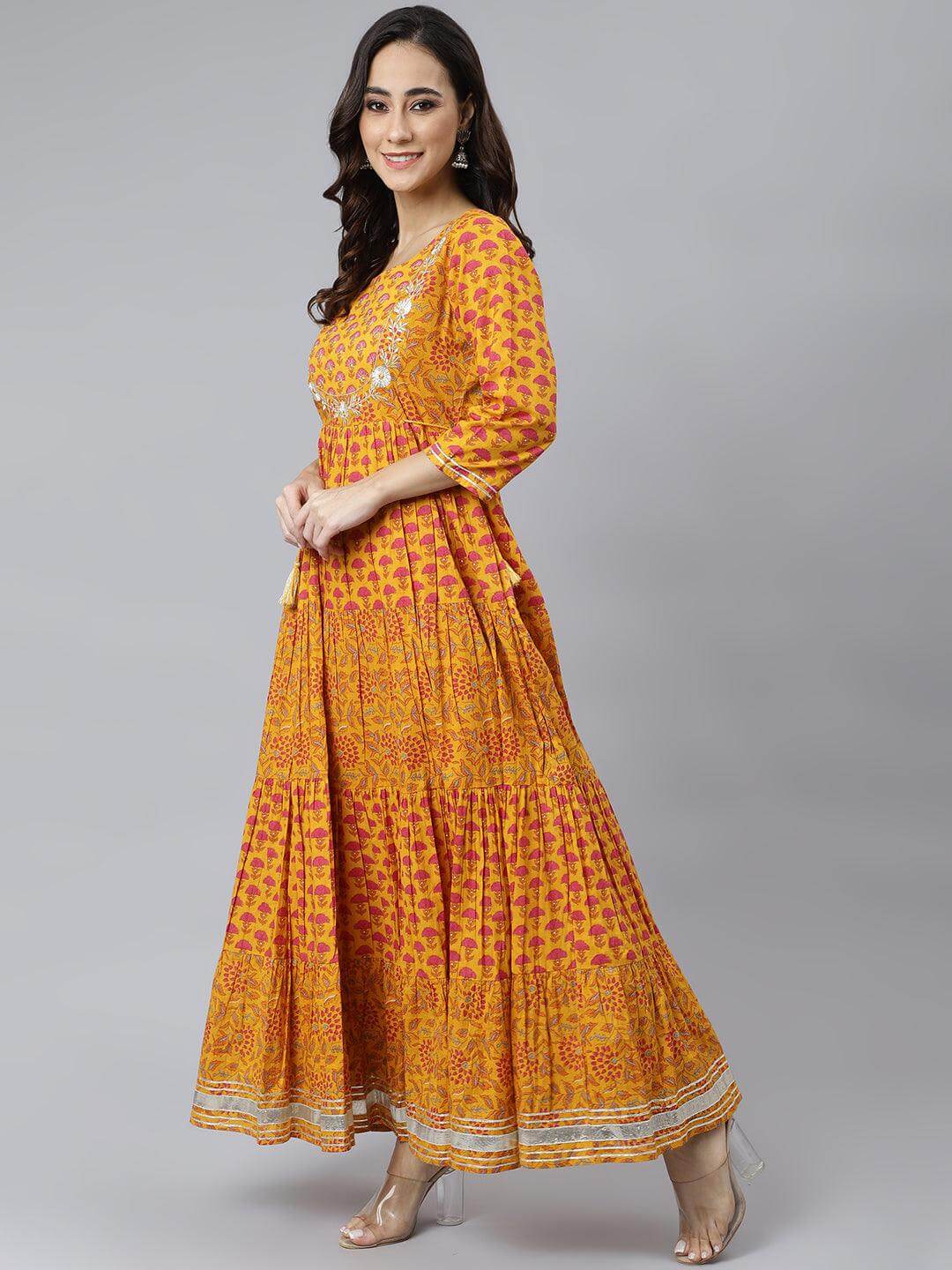Mustard Cotton Floral Print Flared Kurta