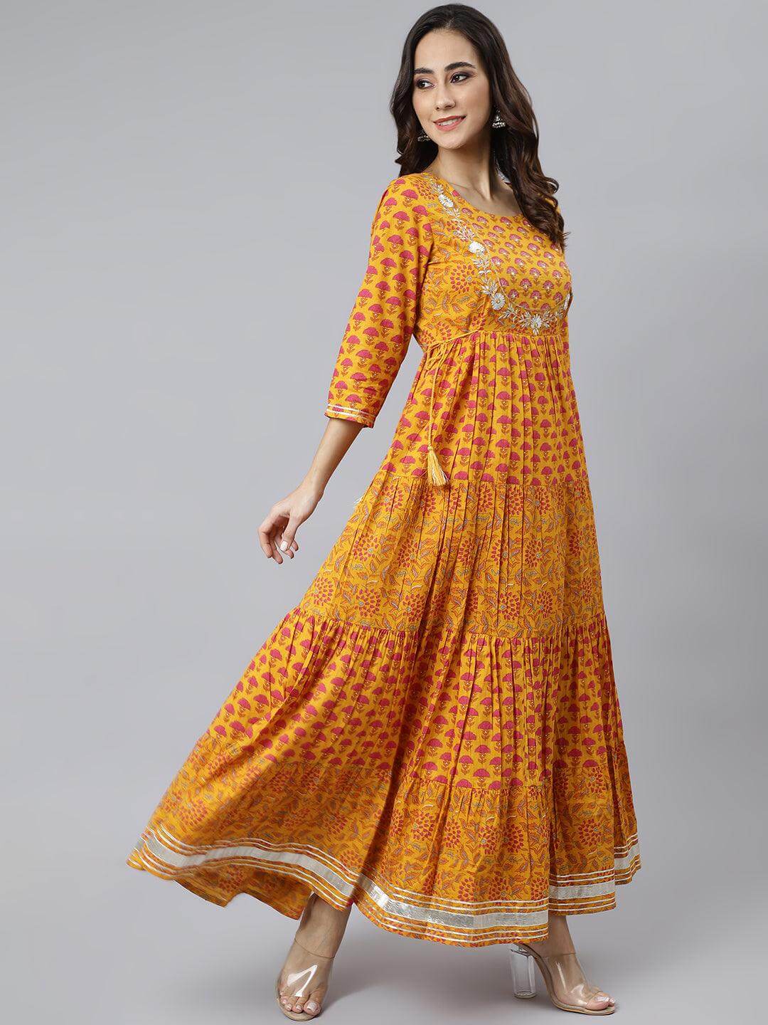 Mustard Cotton Floral Print Flared Kurta