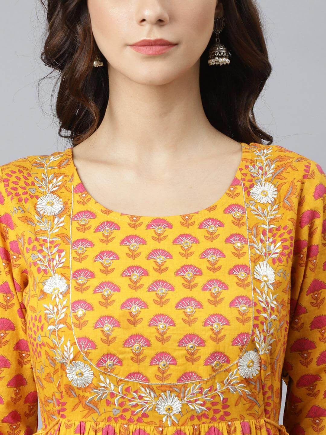 Mustard Cotton Floral Print Flared Kurta
