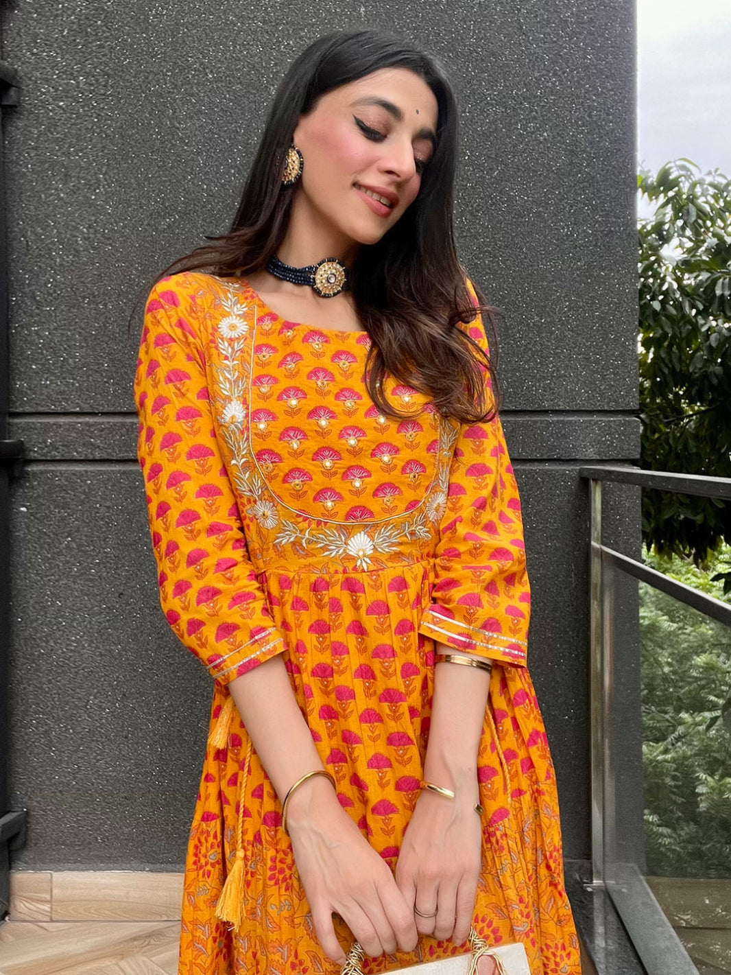 Mustard Cotton Floral Print Flared Kurta