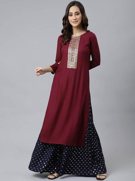 Wine Rayon Solid Straight Kurta