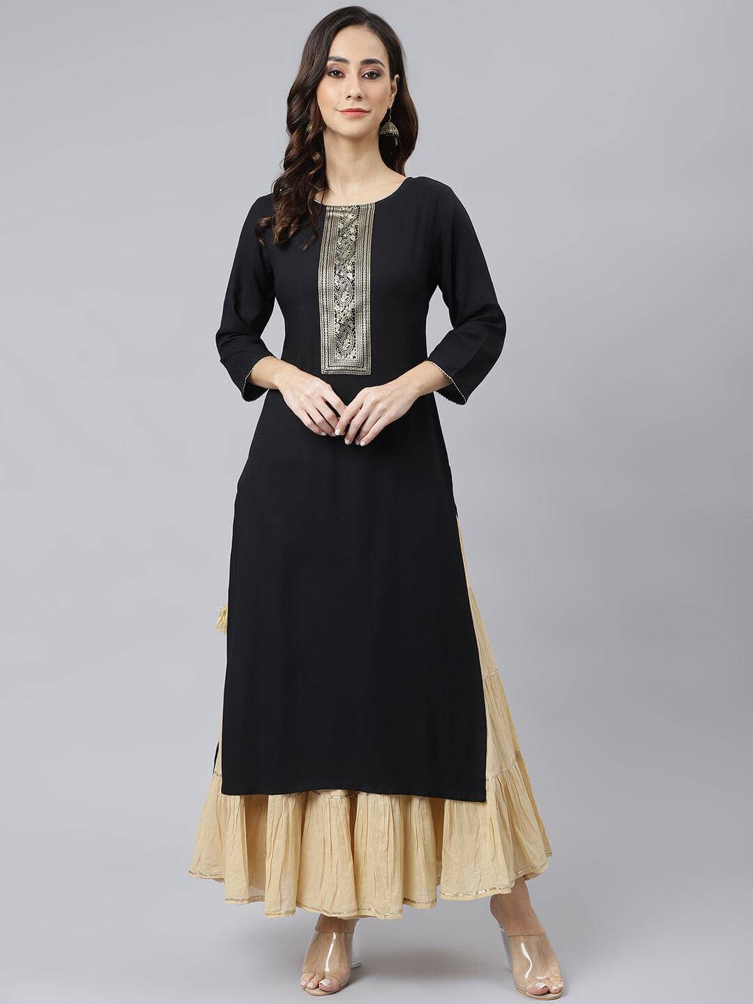 Black Rayon Solid Straight Kurta